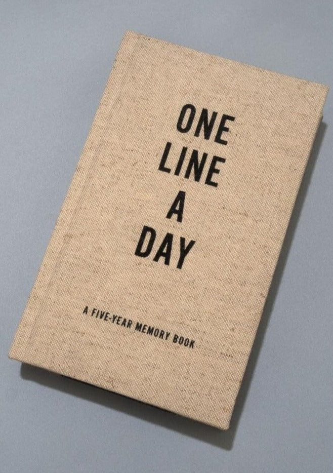 One Line a Day journal laying on grey background.