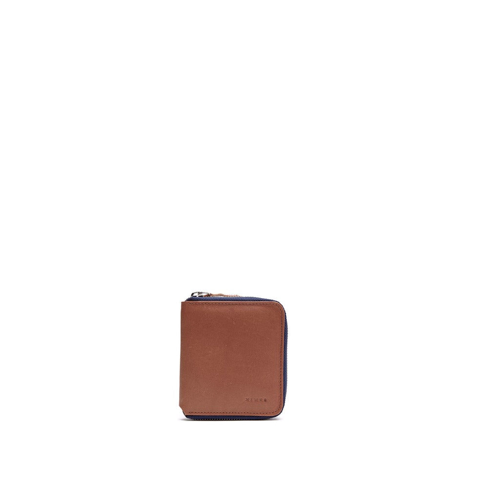Brown leather wallet with navy zipper