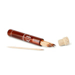 Glass bottle with toothpicks.