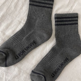 Grey socks with black stripes on white background