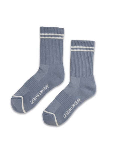 Powder blue crew socks with white stripe toppers