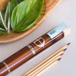 Glass bottle with toothpicks and mint leaves.