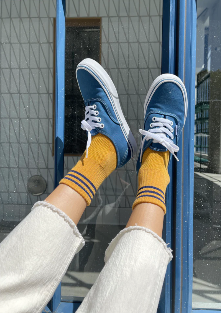 Gold Athletic socks with Blue stripes