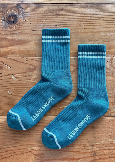 Green Blue athletic crew socks with white stripes