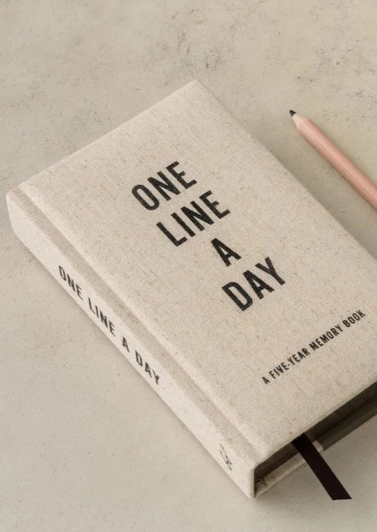 One Line a Day journal laying on a table with a pen.
