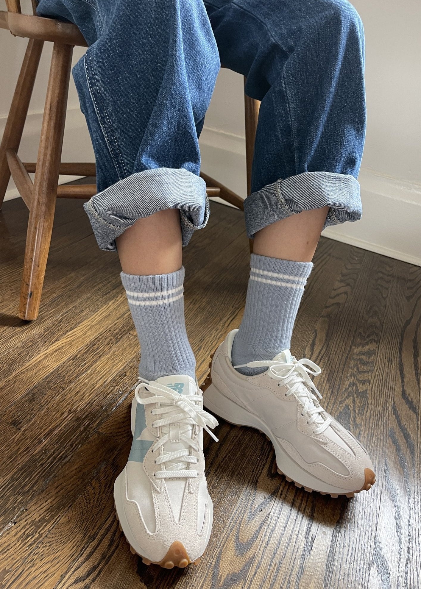Powder blue crew socks with white stripe toppers