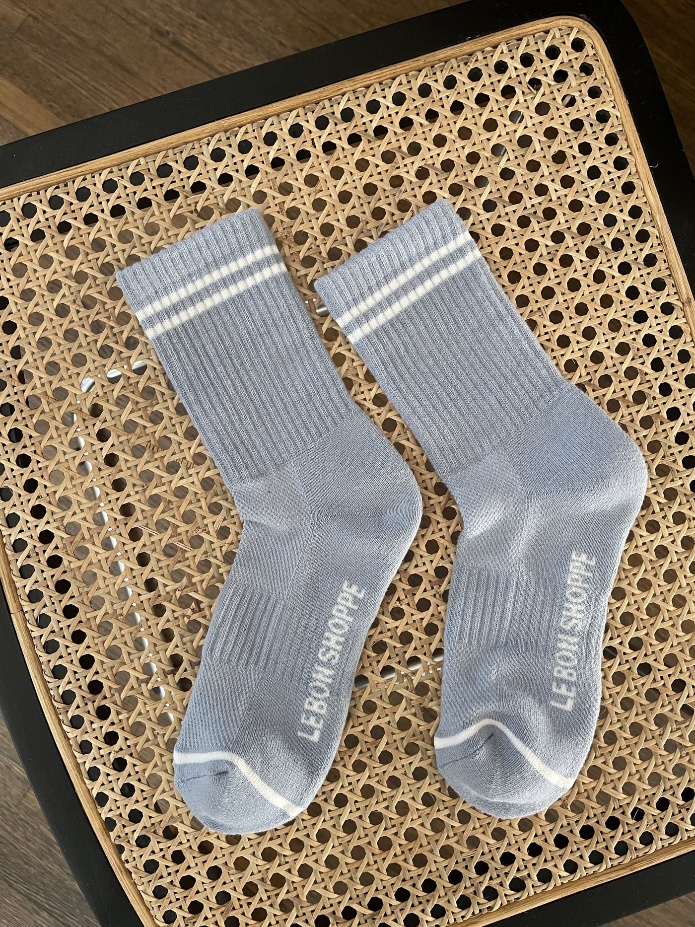Powder blue crew socks with white stripe toppers