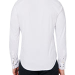 Male model wearing white button down shirt