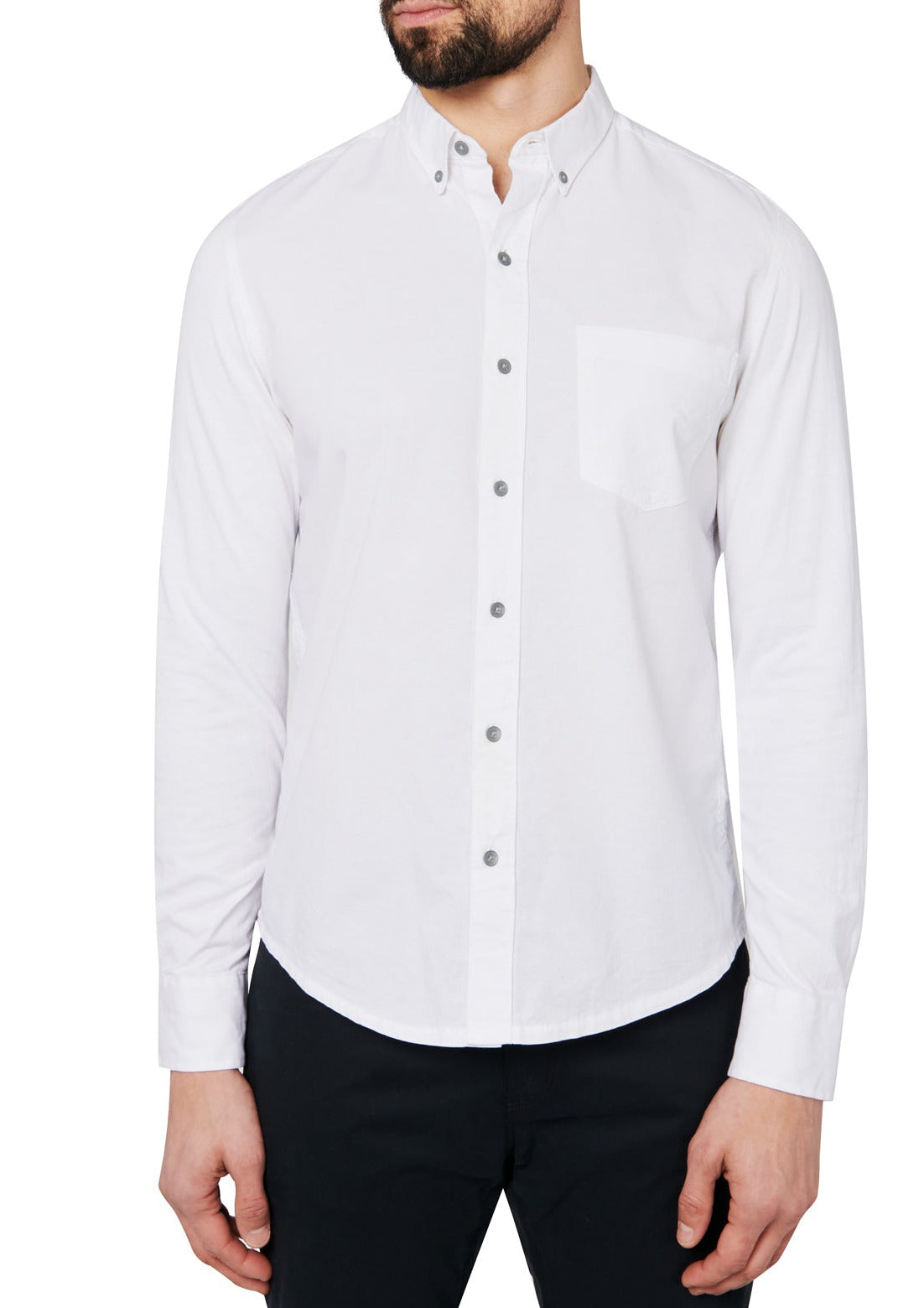 Male model wearing white button down shirt