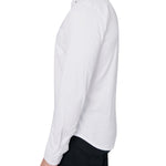 Male model wearing white button down shirt