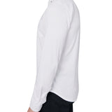 Male model wearing white button down shirt